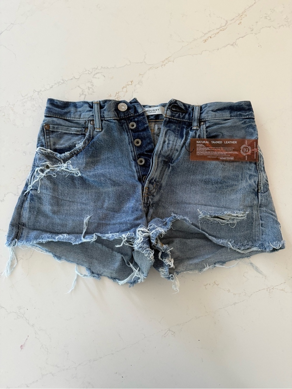 Moussy Distressed Button-Fly Denim Shorts in Blue